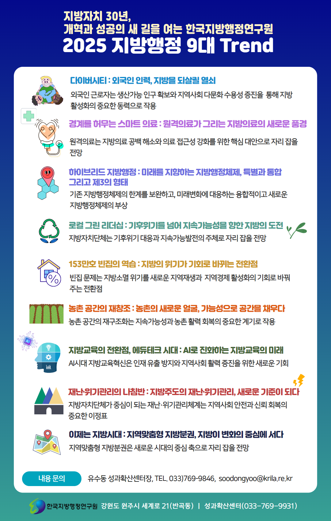 한국지방행정연구원, 지방자치 30주년…미래를 여는 2025 지방행정 9대 트렌드 분석