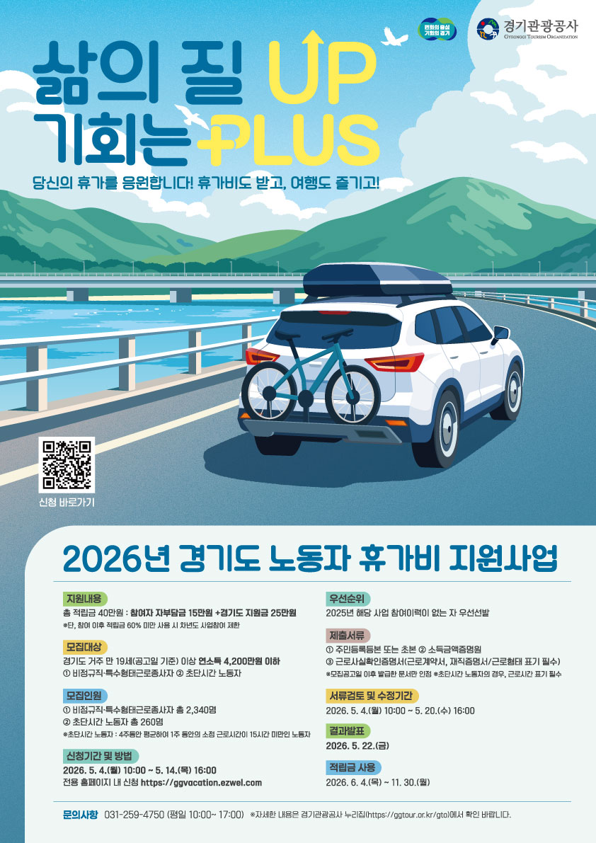 경기도, 비정규직·특수형태근로종사자 등 취약노동자 2,600명에 휴가비 지원…전년보다 200명 확대